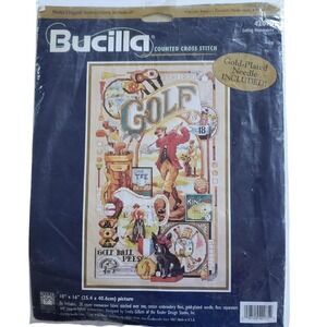 Bucilla Golfing Memorabilia Collage Sampler 1998 Counted Cross Stitch Kit 42075